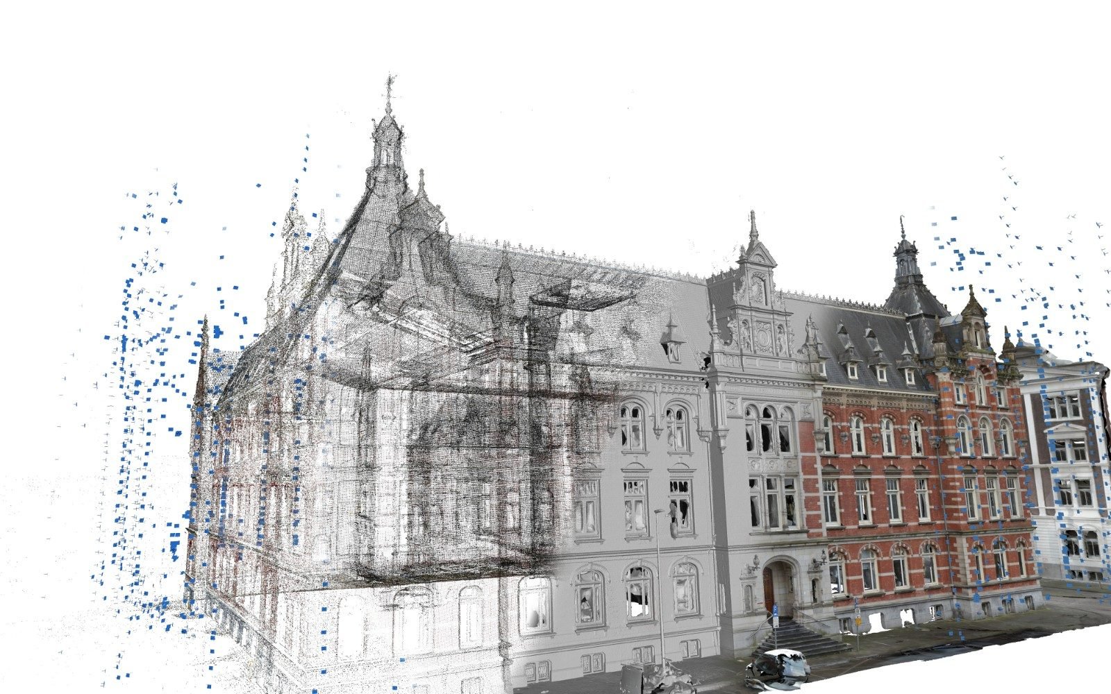 Photogrammetry model of a historic facade - point cloud transitioning into textured mesh